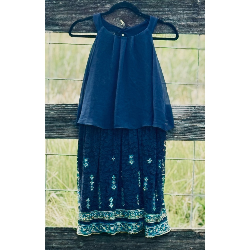 By & By Girl Navy Blue Lace Embroidered Layered Chiffon Dress Size 20.5